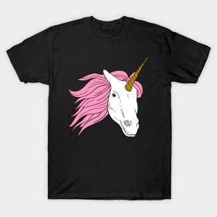 Unicorn Head with Pink Hair and golden horn T-Shirt